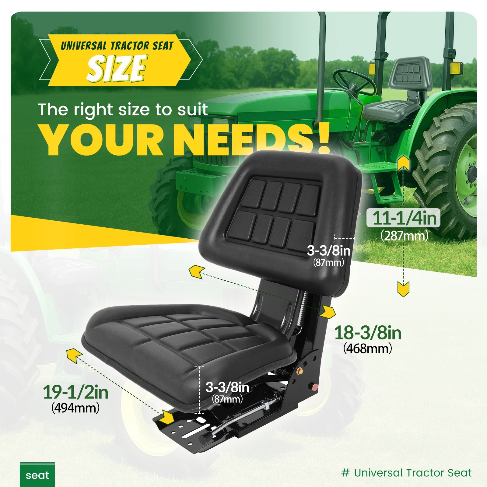 Black Universal Suspension Tractor Seat For John Deere Massey Ferguson Ford