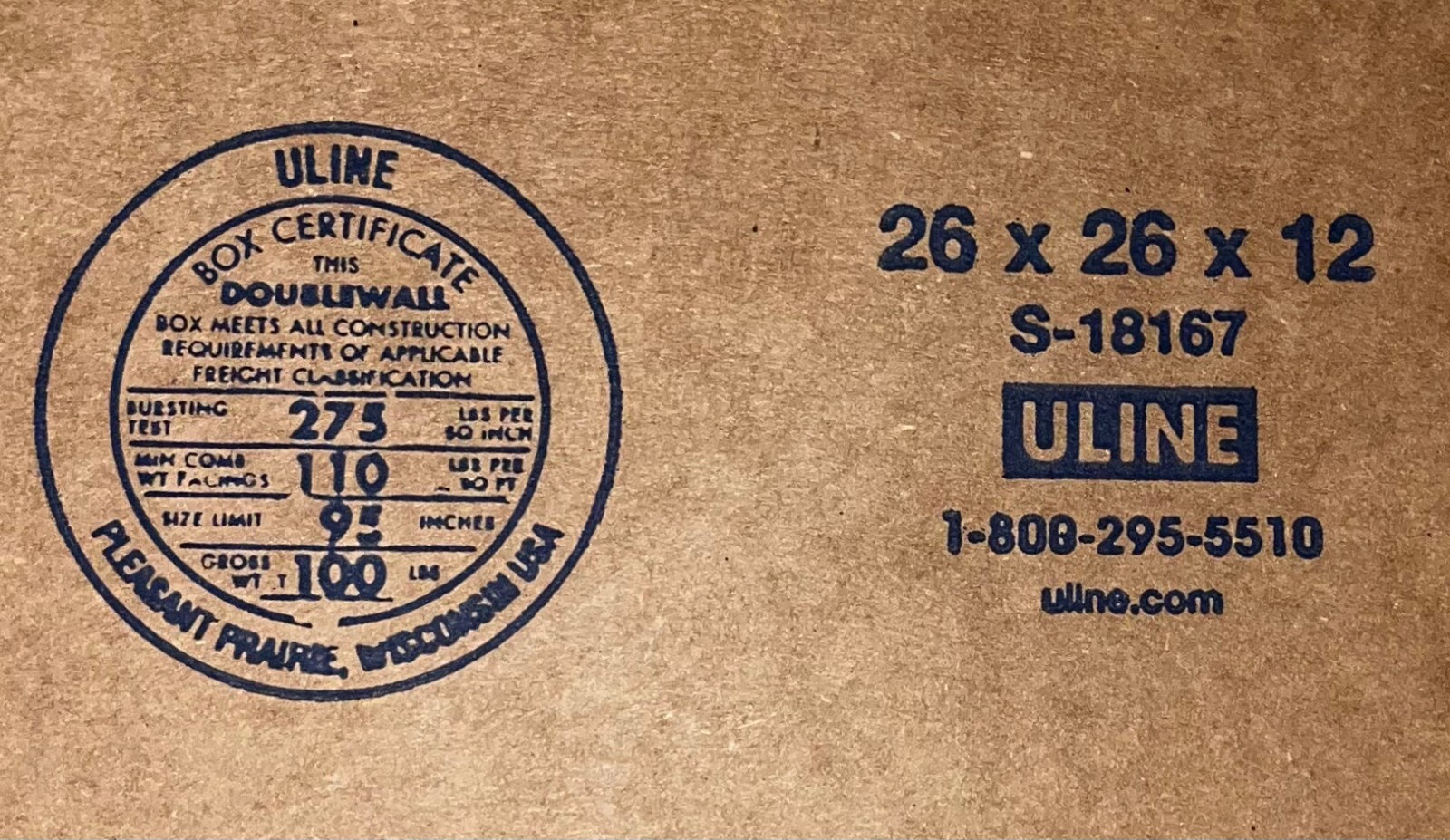 26″ x 26″ x 12″ Corrugated Box (275 ECT) DOUBLE WALL – SINGLE BOX