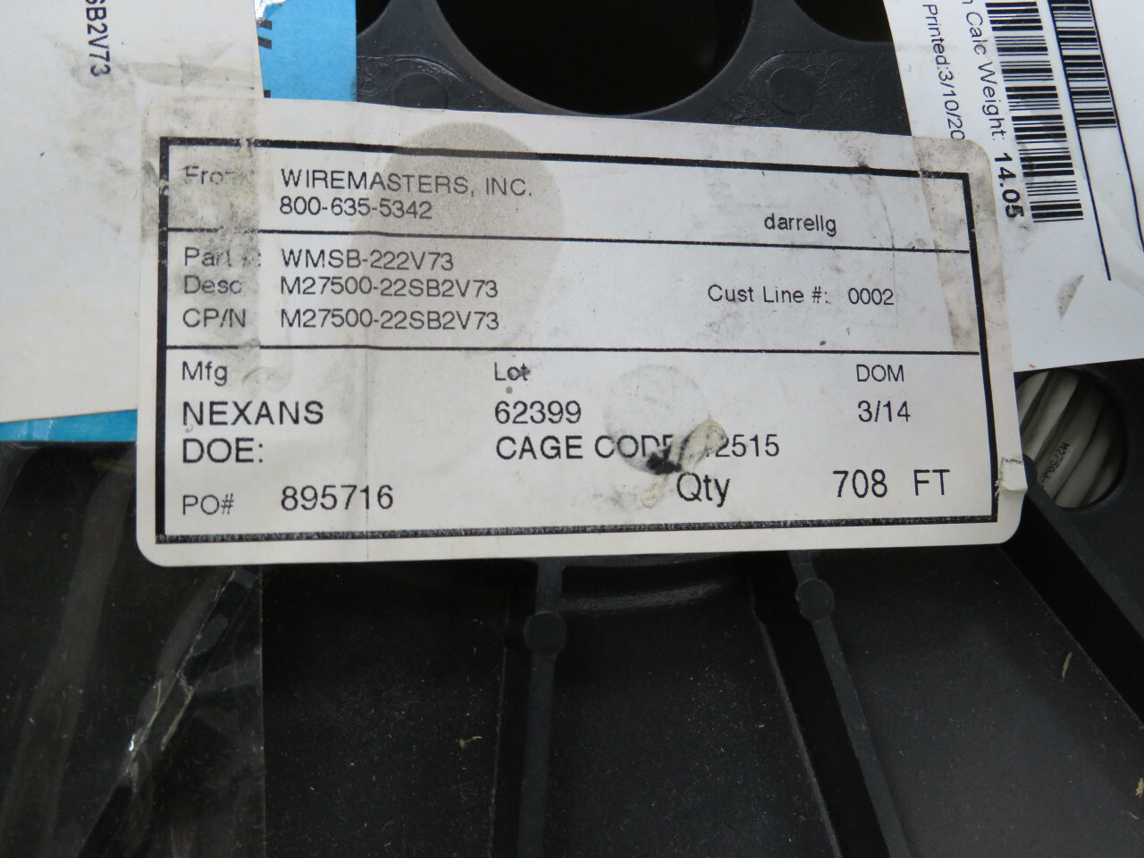 NEXANS M27500-22SB2V73 AEROSPACE WIRE 75932-22(2)SXLZJSXLZJ W-W/BU WJ 700 FT T19