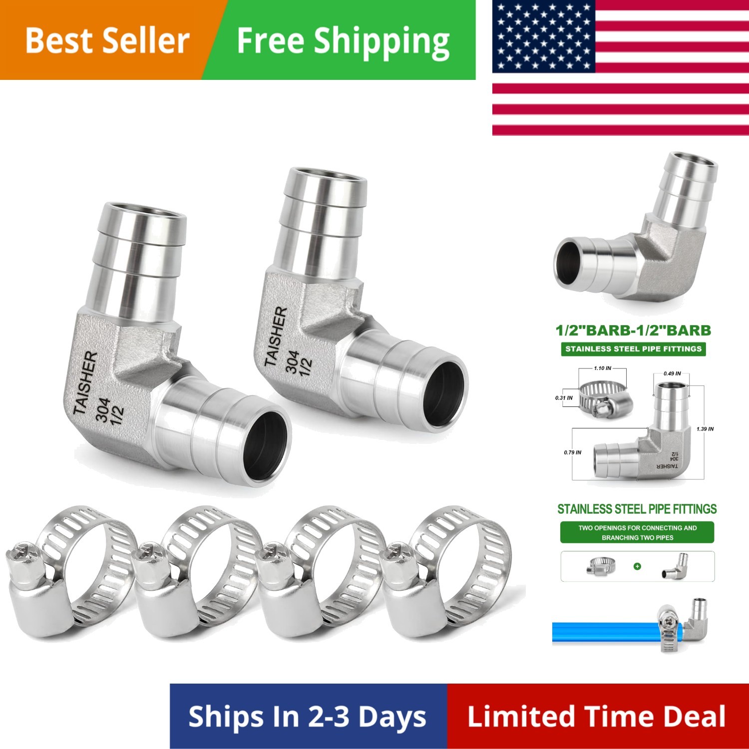 2PCS 304 Stainless Steel 90 Degree Elbow Hose Barb Fittings 1/2″ Barb x 1/2″ …