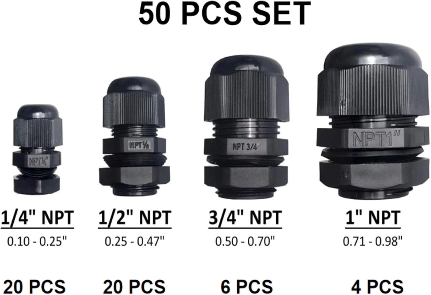 Relaxweex 50 Pcs 1/4″ 1/2″ 3/4″ 1″ NPT Black Nylon Cable Gland, Waterproof IP68