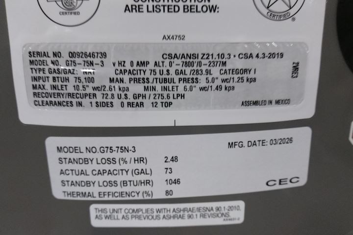 Rheem-Ruud G75-75N-3 73 Gal Tank Capacity Commercial Gas Water Heater