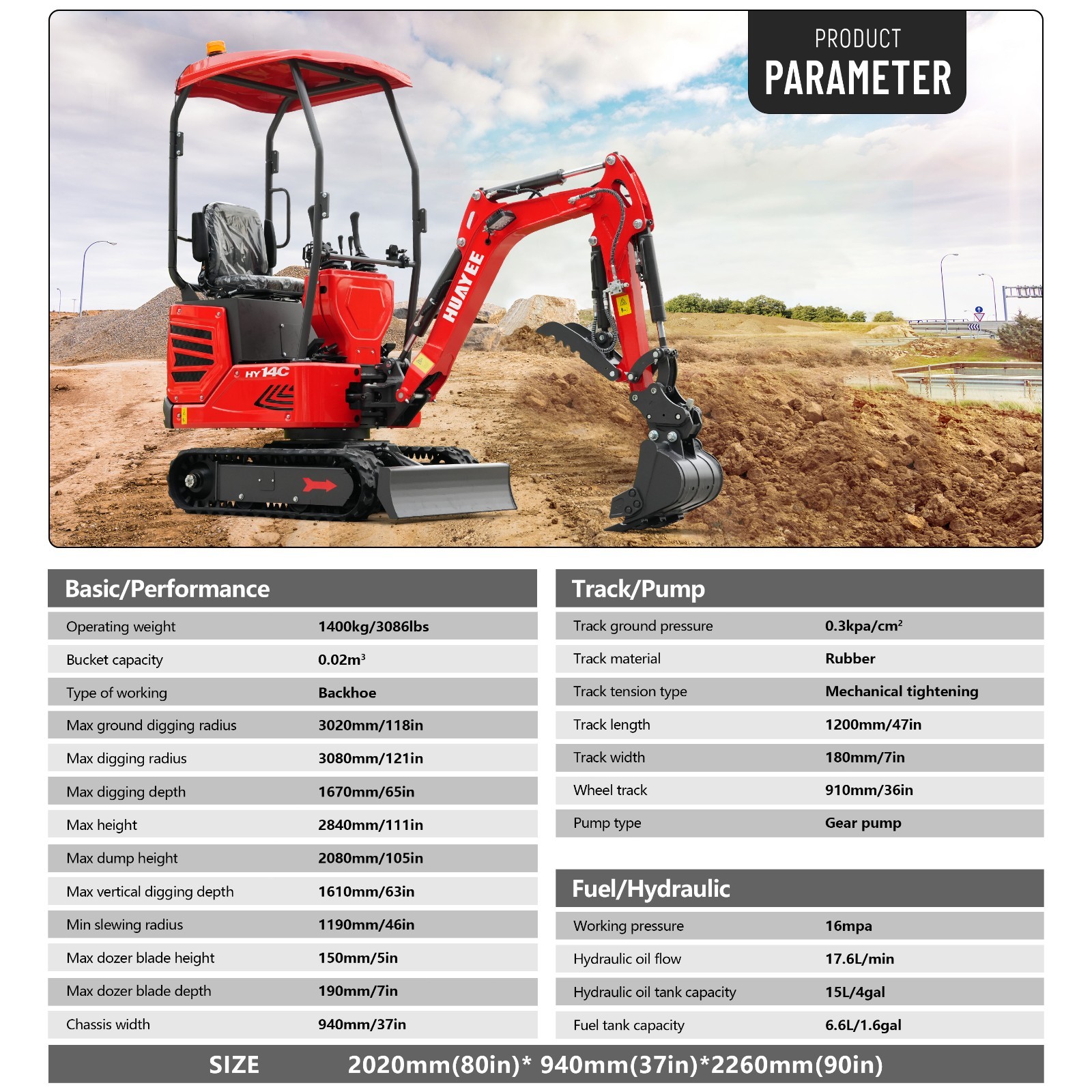 HUAYEE Mini Excavator 1.4Ton Digger 13.5HP Gas Engine EPA Hydraulic Thumb Clip