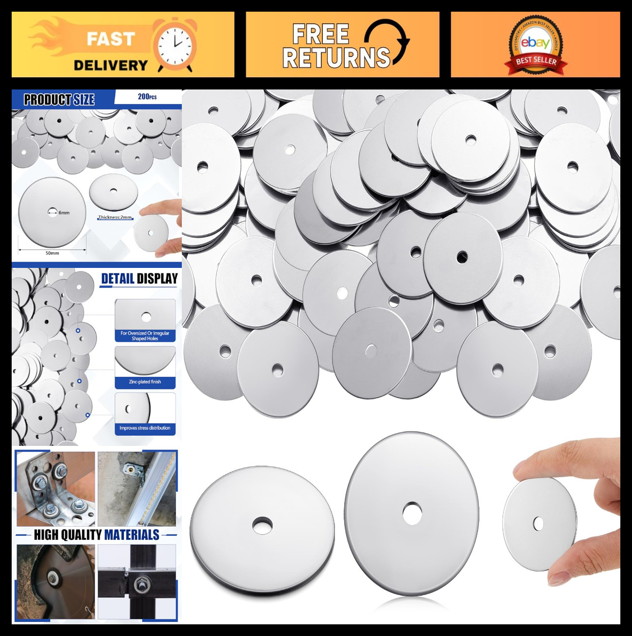 200 Pcs 1/4″ x 2″ Zinc Fender Washers – 2mm Thick for Wood & Wet Use