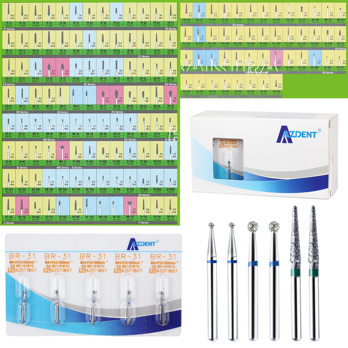 5PCS AZDENT Dental Diamond Burs Friction Grip For High Speed Handpiece Turbine