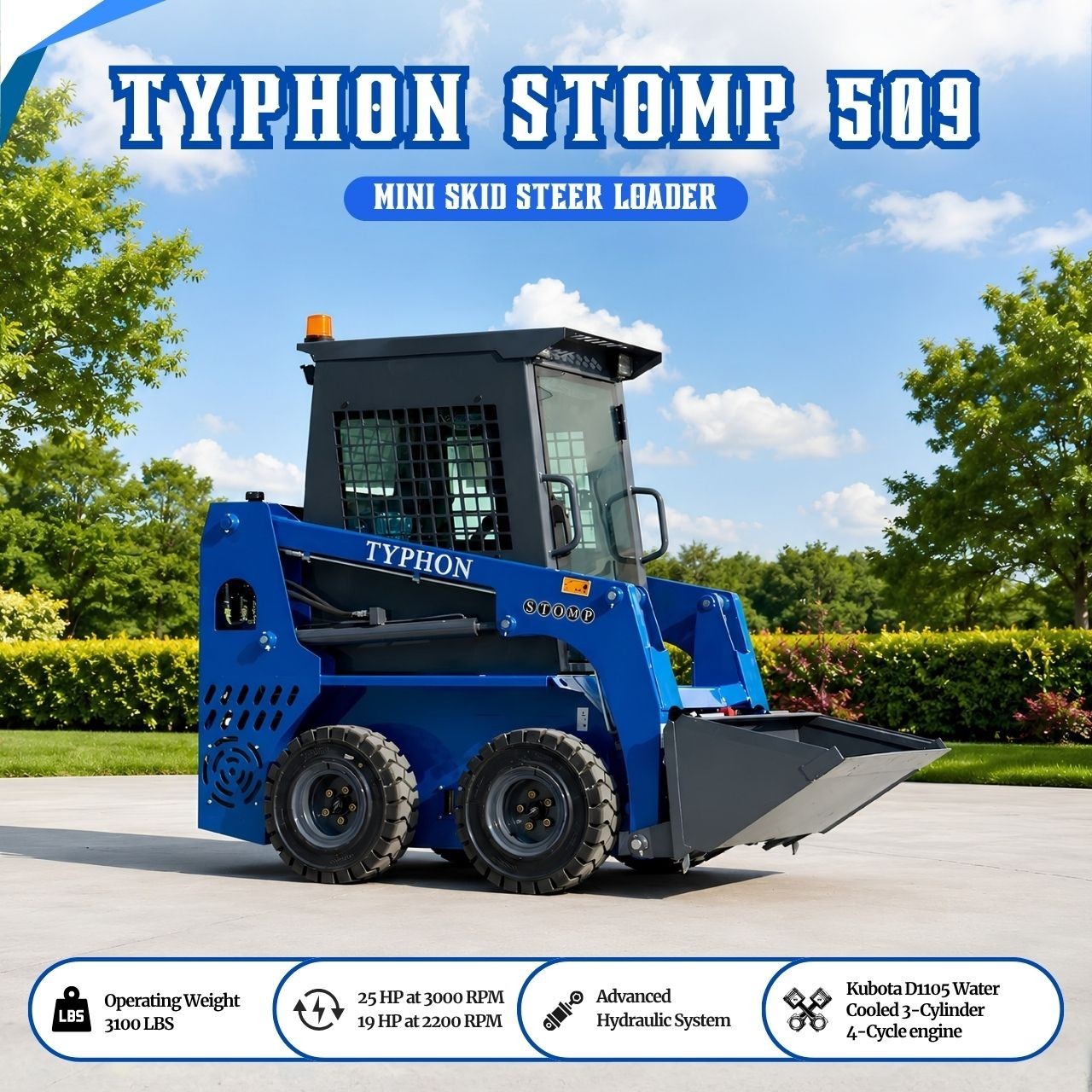 TYPHON STOMP 509 Wheel Skid Steer Loader 25HP Kubota D1105 w 1 Attachment Option