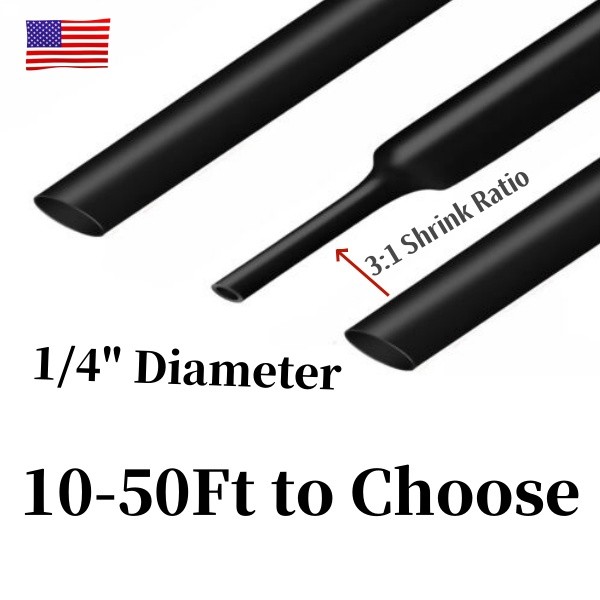 5-100ft Black Φ1/4″ (6.4mm) Heat Shrink Tubing 3:1 Dual Wall Adhesive Glue Lined