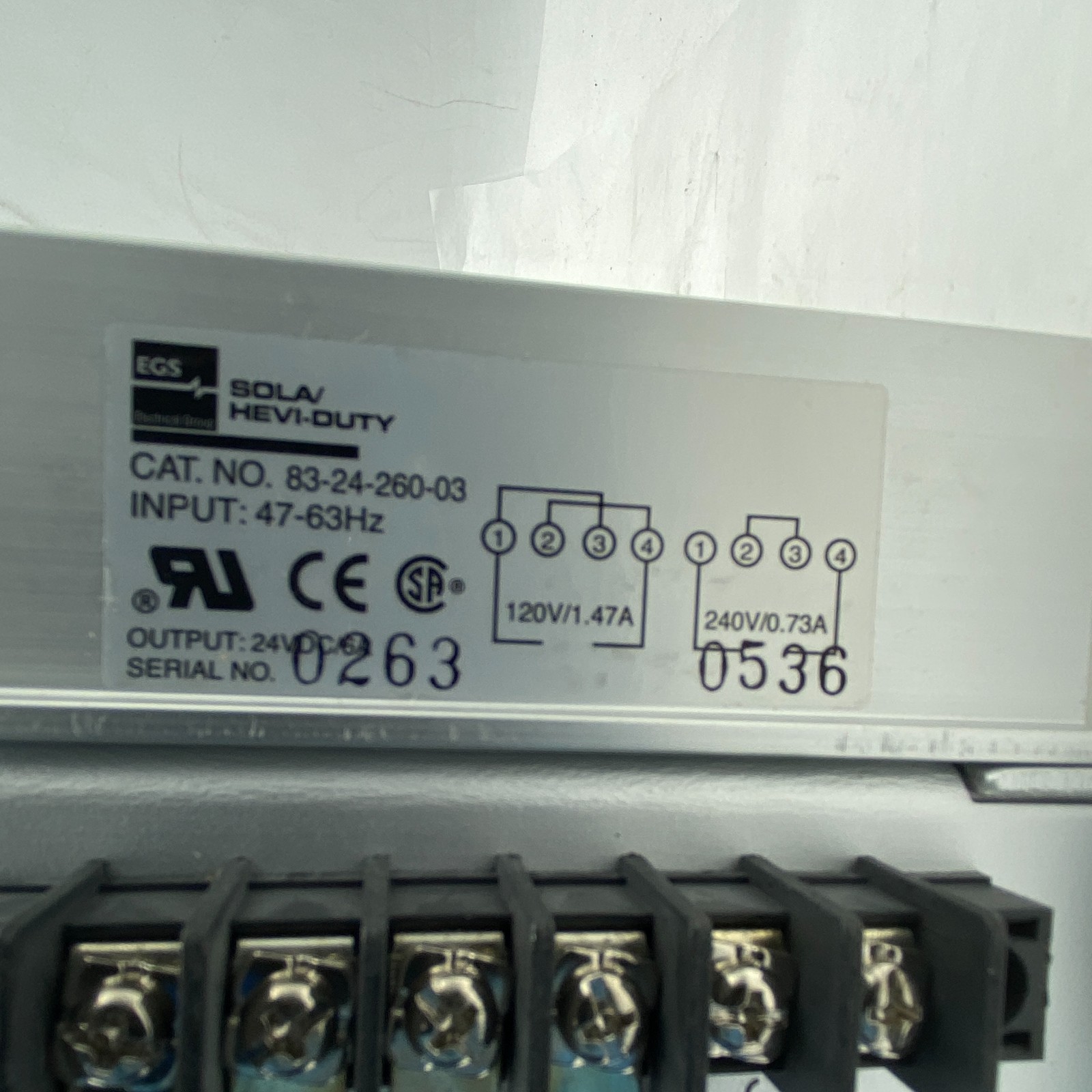 SOLA/ HEVI-DUTY 83-24-260-03 LINEAR POWER SUPPLY EGS 832426003, 47-63HZ 24VDC