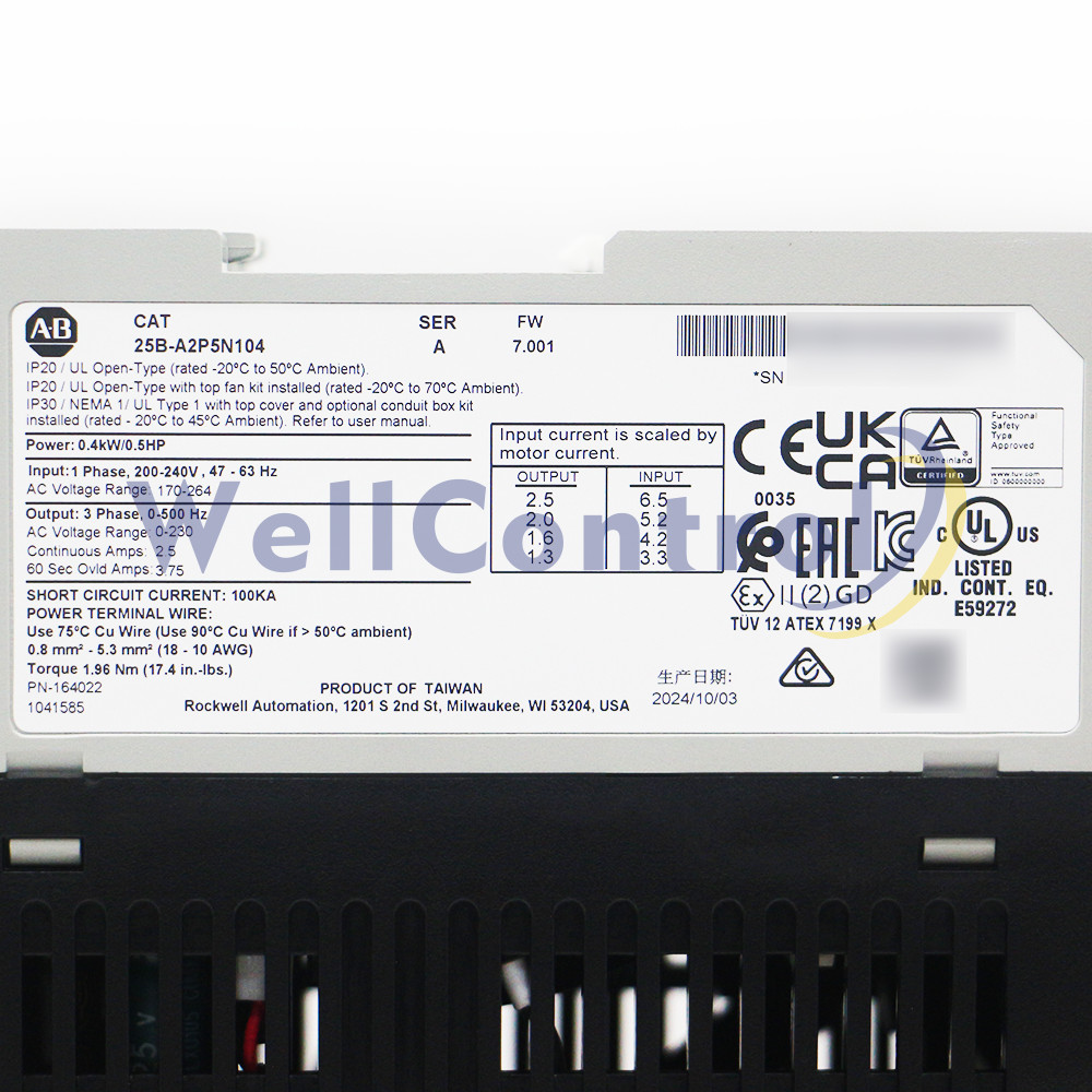 2025 Brand New 25B-A2P5N104 Allen Bradley PowerFlex 525 0.4kW (0.5Hp) AC Drive