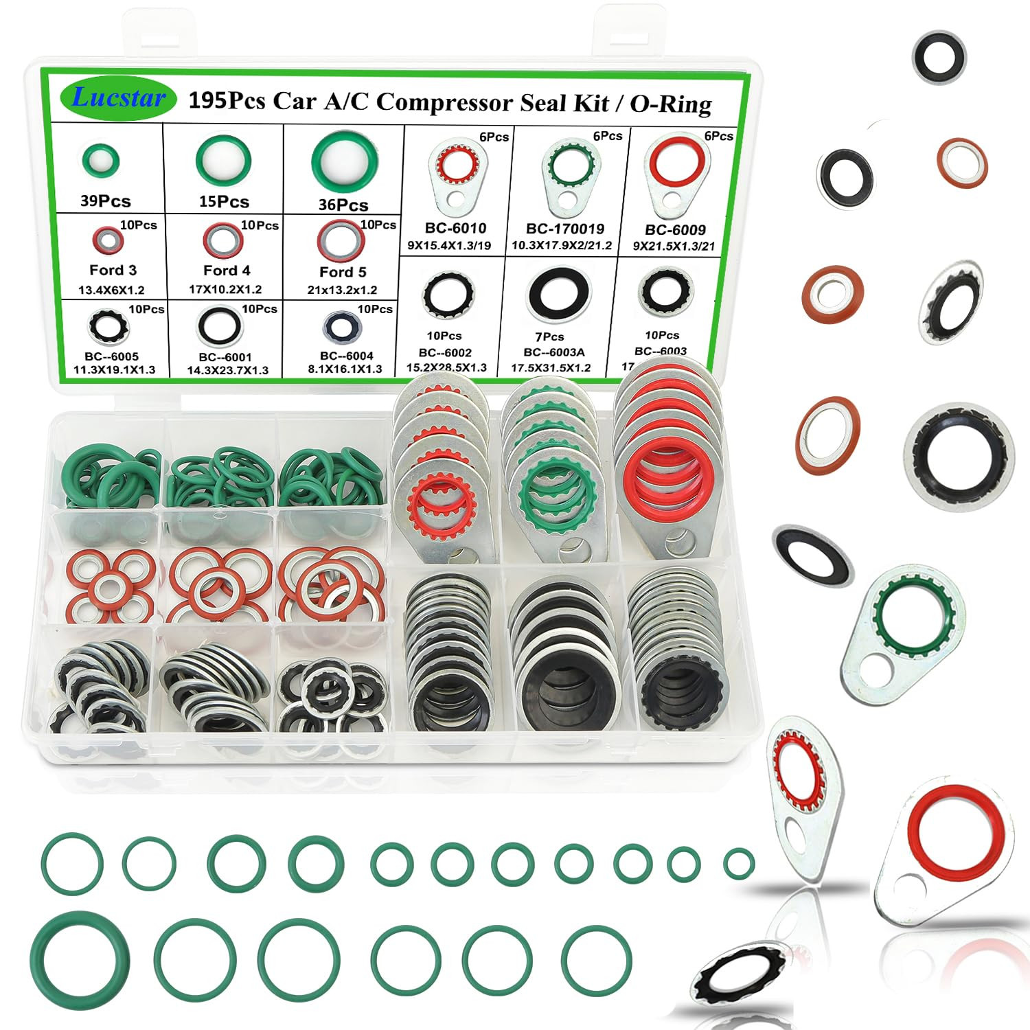 195PCS A/C Seal Kit, O-Ring Assortment, AC Gasket Seal, R134A Refrigerant