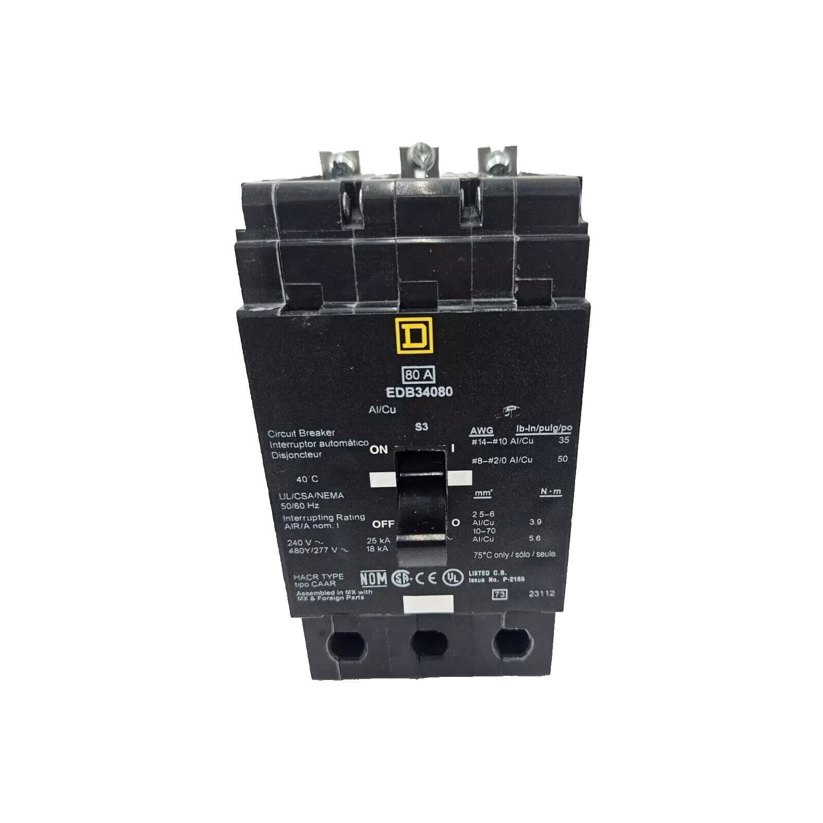 NIB – Square D – EDB34080 – Miniature Circuit Breaker, 80A, 3-Pole, Bolt-On