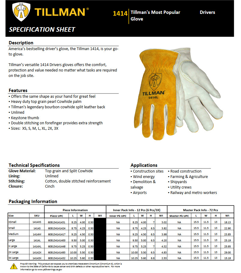 Genuine Tillman 1414 Drivers Gloves Top Grain Pearl Cowhide Work Gloves (SM-2XL)