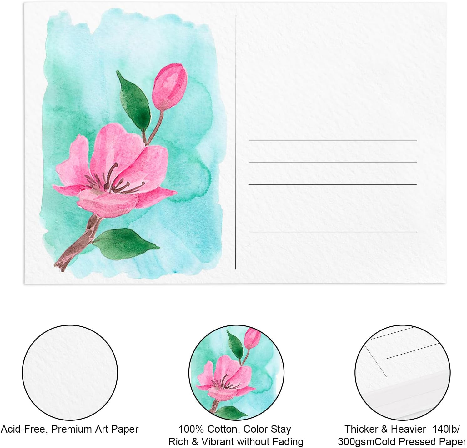 50 Pieces Watercolor Postcards, 100% Cotton 140Lb/300Gsm Blank Postcards | 4X6 I