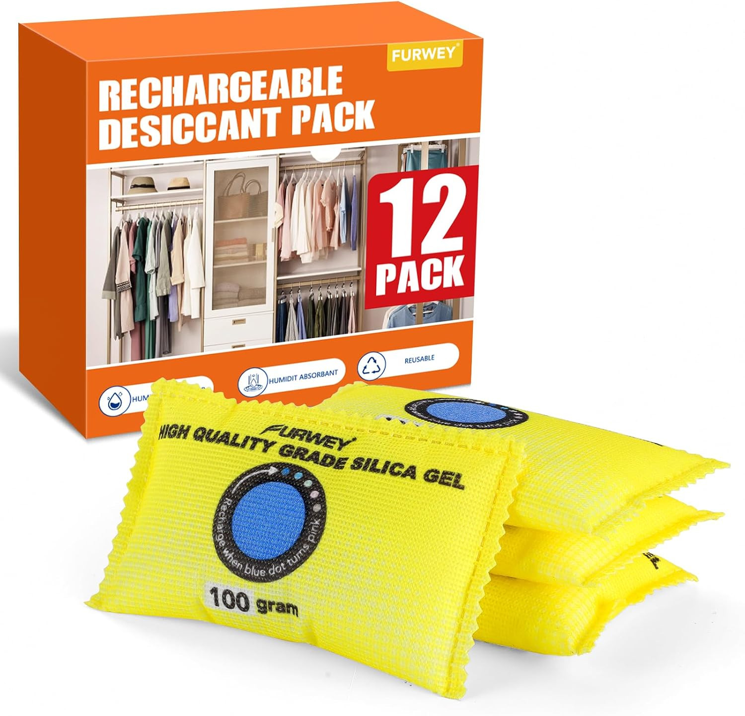 100G (6 Packs) Rechargeable Desiccant Packs for Storage, Color Indicating Silica