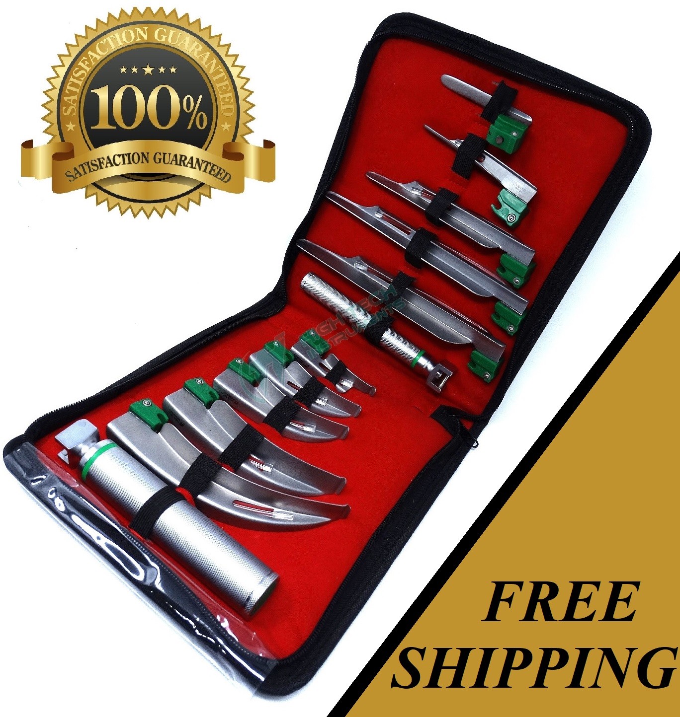 SET OF 10 FIBER OPTIC MAC & MILLER LARYNGOSCOPE BLADE+2 HANDLE INTUBATON kit