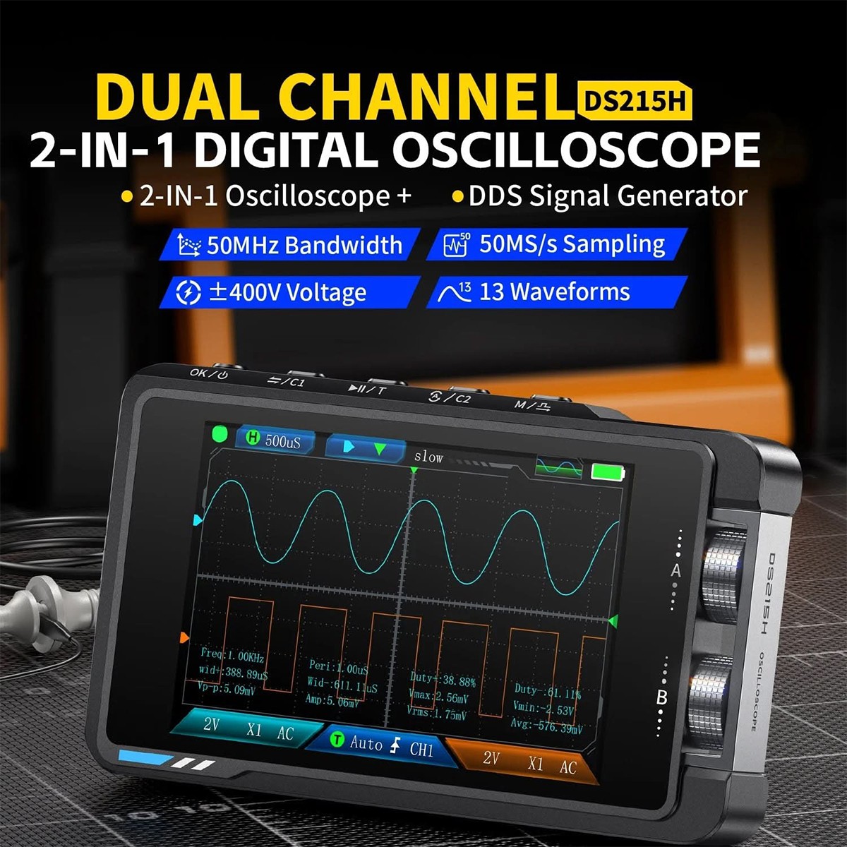 FNIRSI DS215H Oscilloscope Handheld Dual-Channel 2-IN-1 Digital Signal Generator
