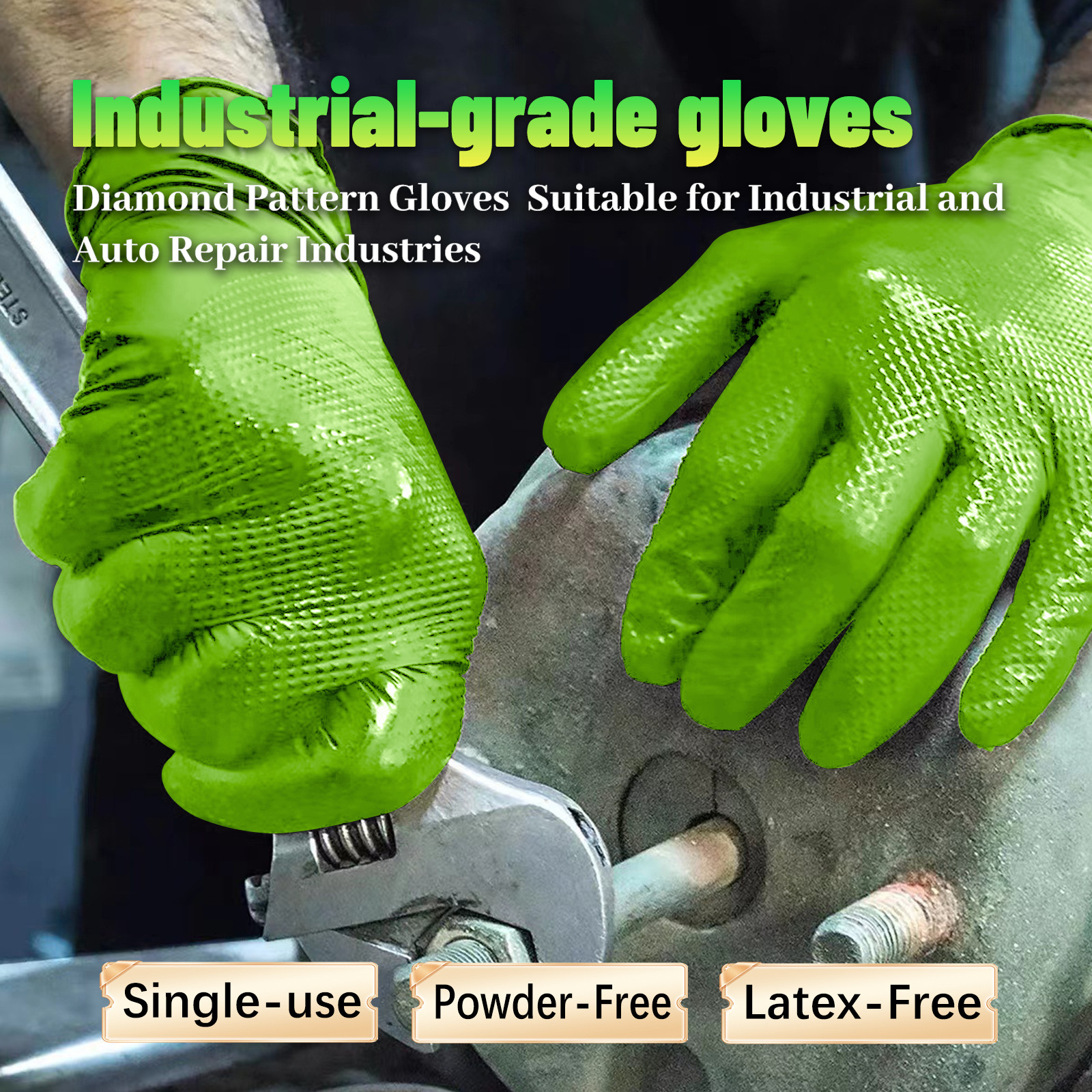 Heavy Duty Green Industrial Nitrile Gloves with Raised Diamond Texture, 8-mil