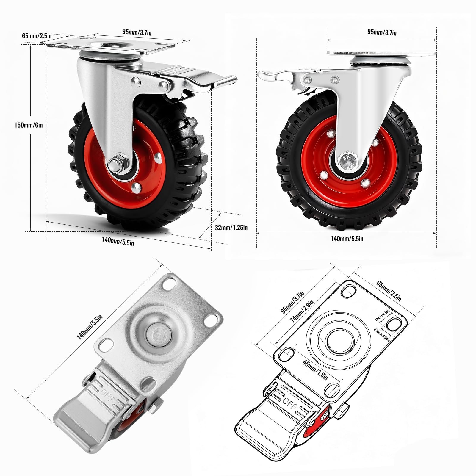 5 Inch Caster Wheels Heavy Duty with Dual-Lock Safety Brake and Rubber Tire W…