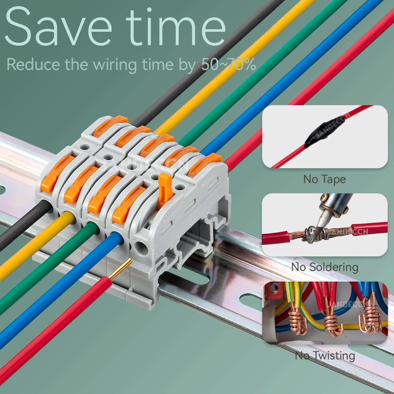 50 Pack Din Rail Terminal Blocks Compact Wire Conductor Wiring Connectors For 24