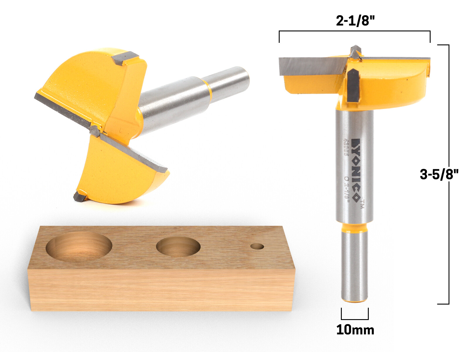 2-1/8″ Diameter Carbide Forstner Drill Bit – 10mm Shank – Yonico 43055C