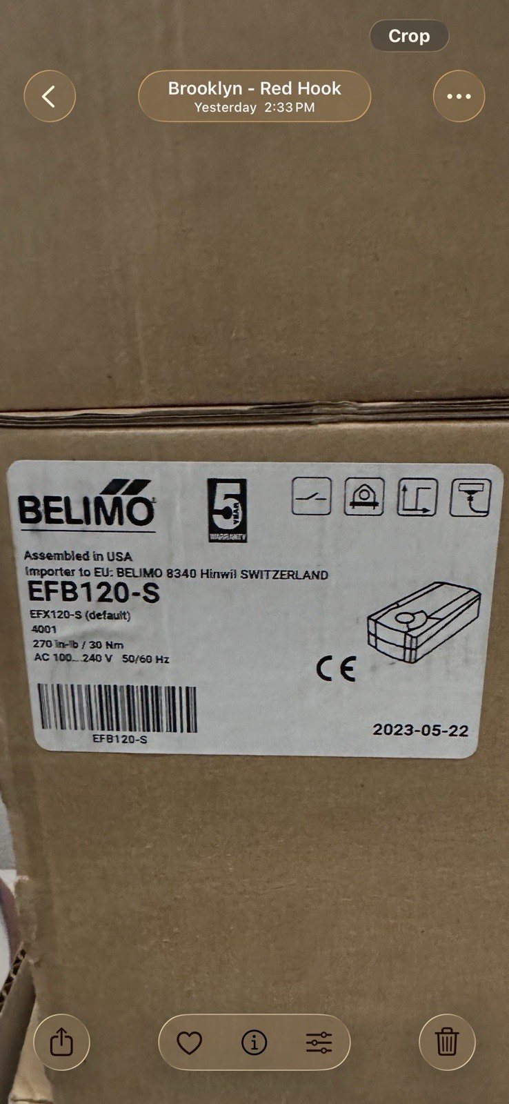 Belimo EFB120-S HVAC Damper Actuator 100-240V Model EFB120-S MPN EFB120-S