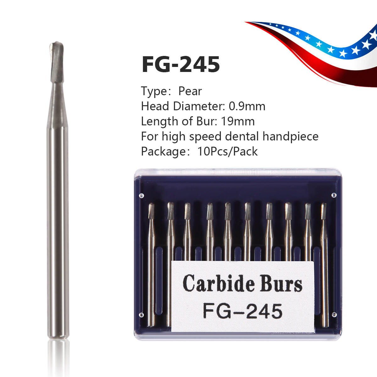 10Pcs Dental FG 245 Tungsten Carbide Burs Pear-Shaped For High Speed Handpiece