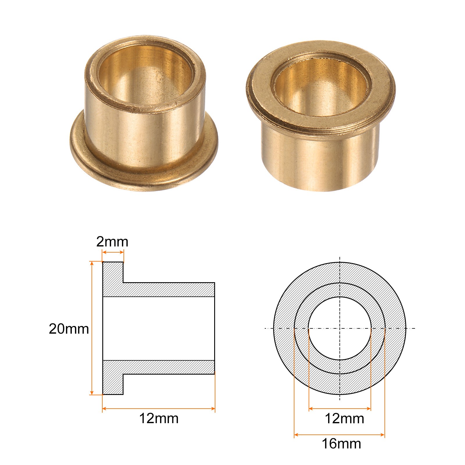 2pcs Flange Bearing Sleeve 12mm x 16mm x 12mm Bronze Self Lubricating Bushings
