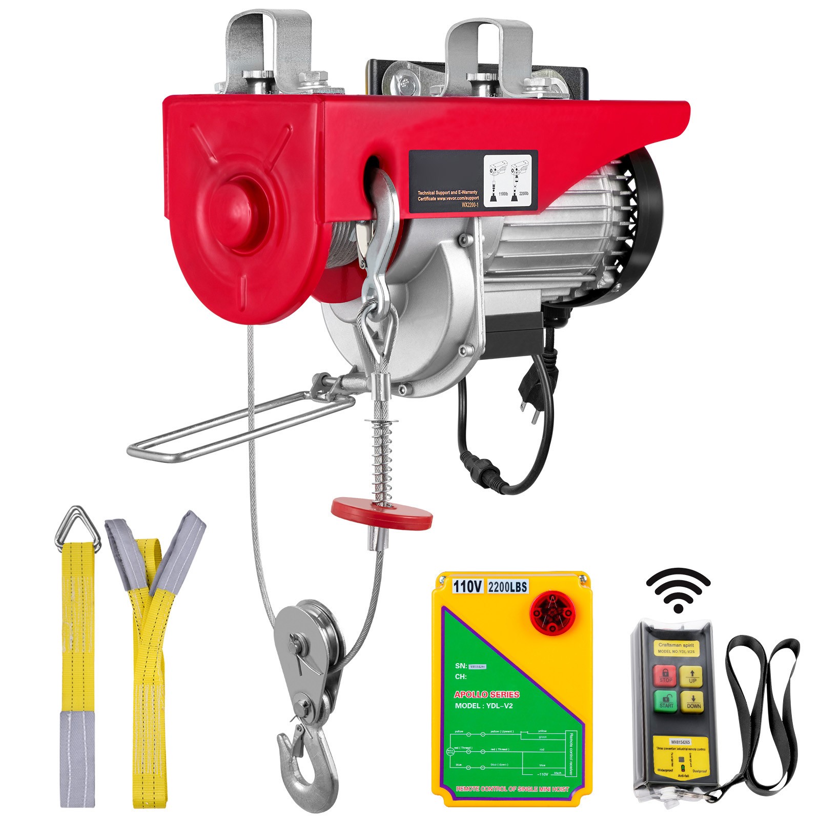 VEVOR Electric Hoist 2200lbs Crane Winch with 328ft Wireless Remote Control 110V
