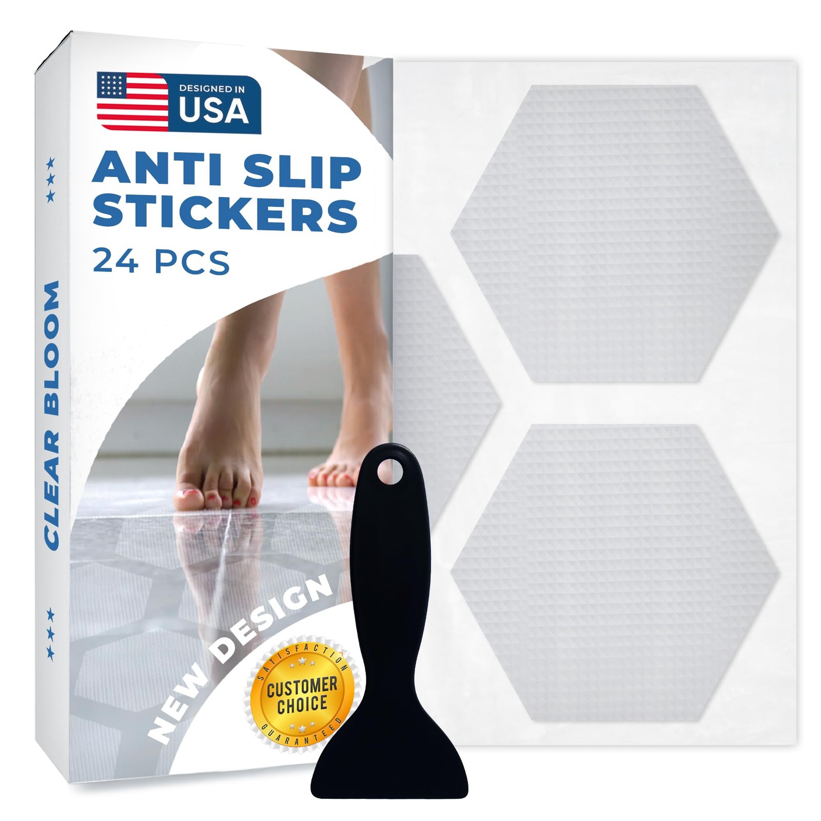 Clear Bloom Anti-Slip Shower Stickers for Tub & Floor — Hexagon,