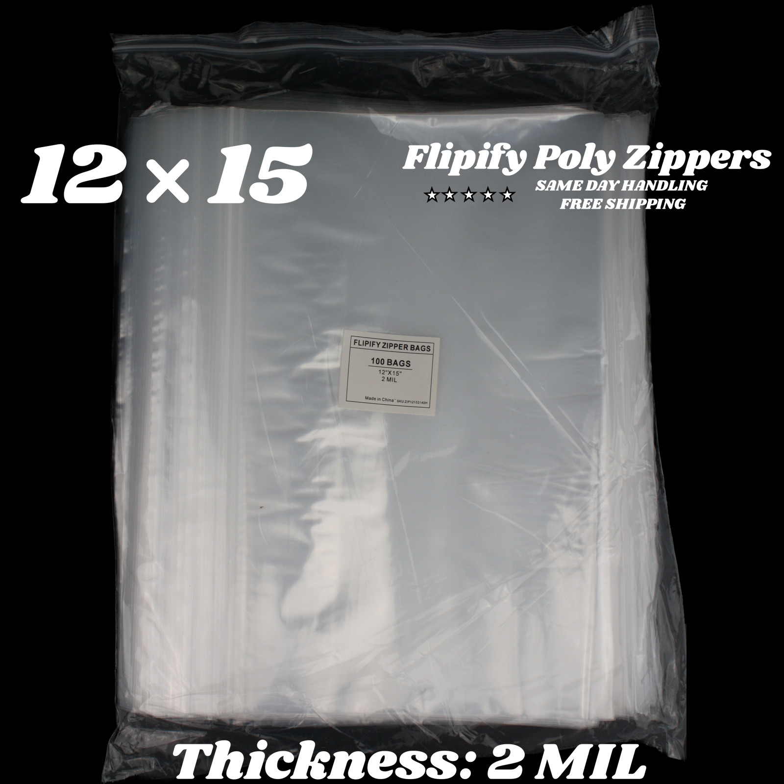 12″x15″ Clear 2 Mil Zipper Bags Poly Plastic Reclosable Zip Storage Large