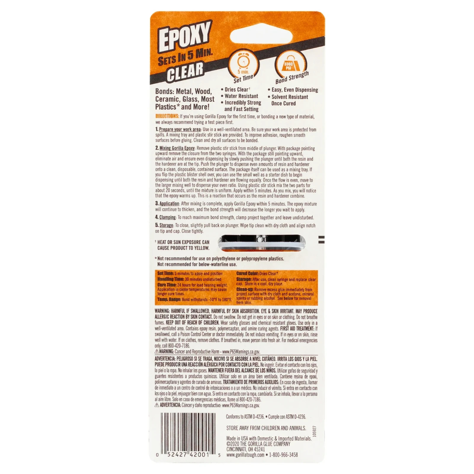 Gorilla Glue Clear Epoxy Syringe Bonds Steel, Aluminum, Wood, Ceramic, Tile, Pls