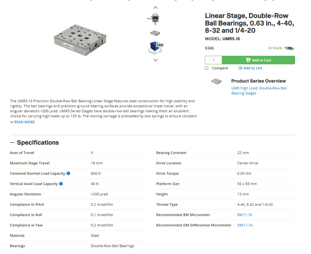 Newport UMR5.16 Linear Stage, Double-Row BBs, 0.63 in., BM11.16 Micromometer