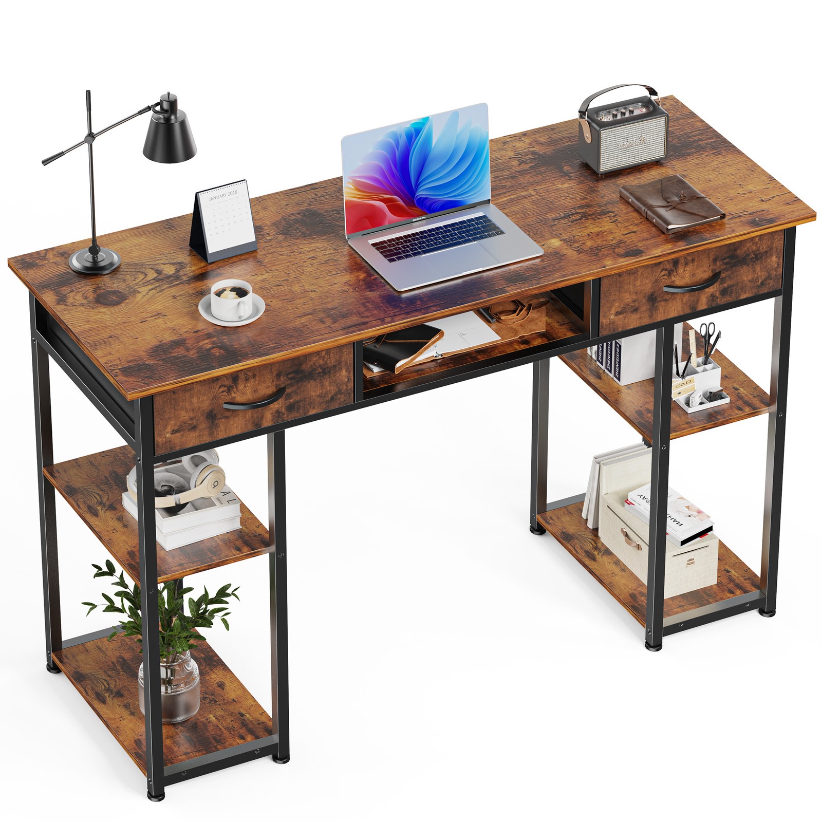 Computer Desk Home Office Table with PC Stand, Fabric Drawers Headphone Hook