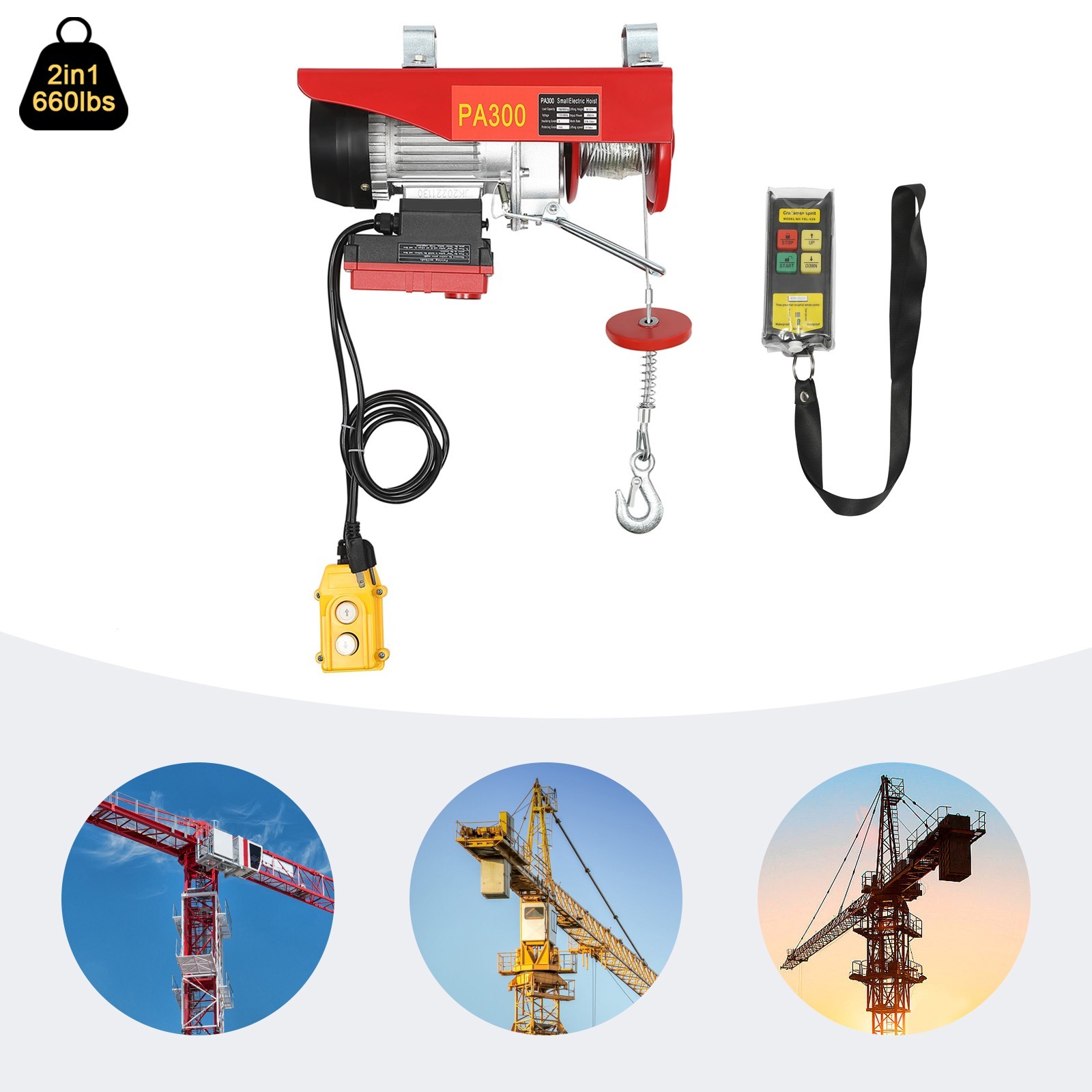 2-In-1 Hoist Warehouses Electric Single/Double Slings Electric Lift Winch 660lbs