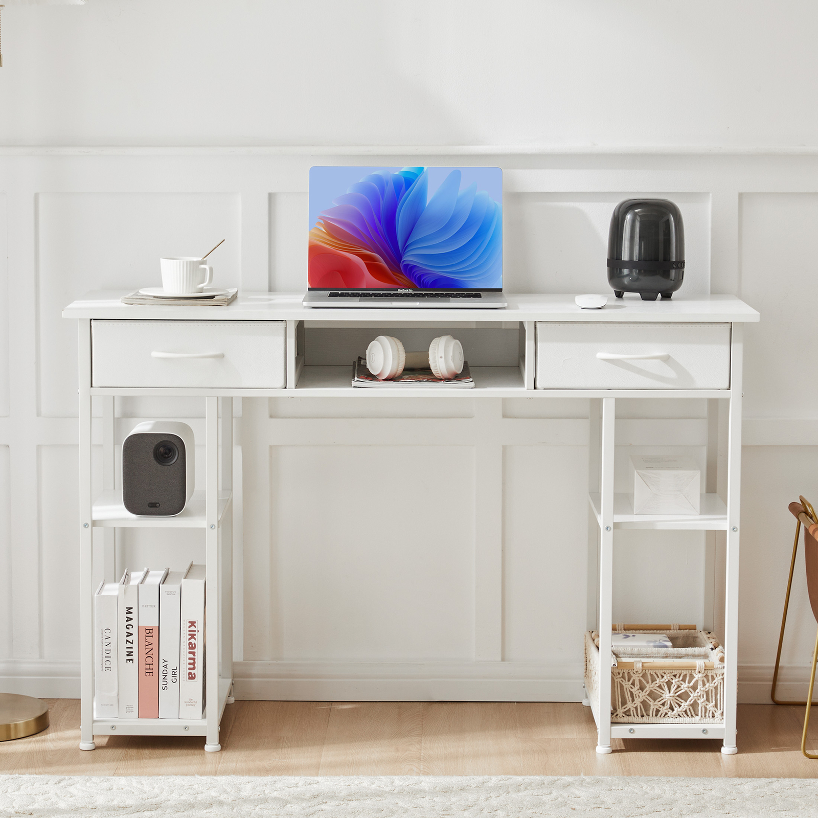 Computer Desk Home Office Table with PC Stand, Fabric Drawers Headphone Hook