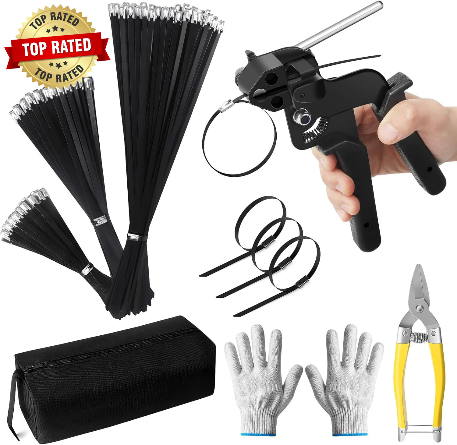 Metal Zip Ties Gun Set Stainless Steel Zip Tie Tool with 150PCS Black Metal Zip