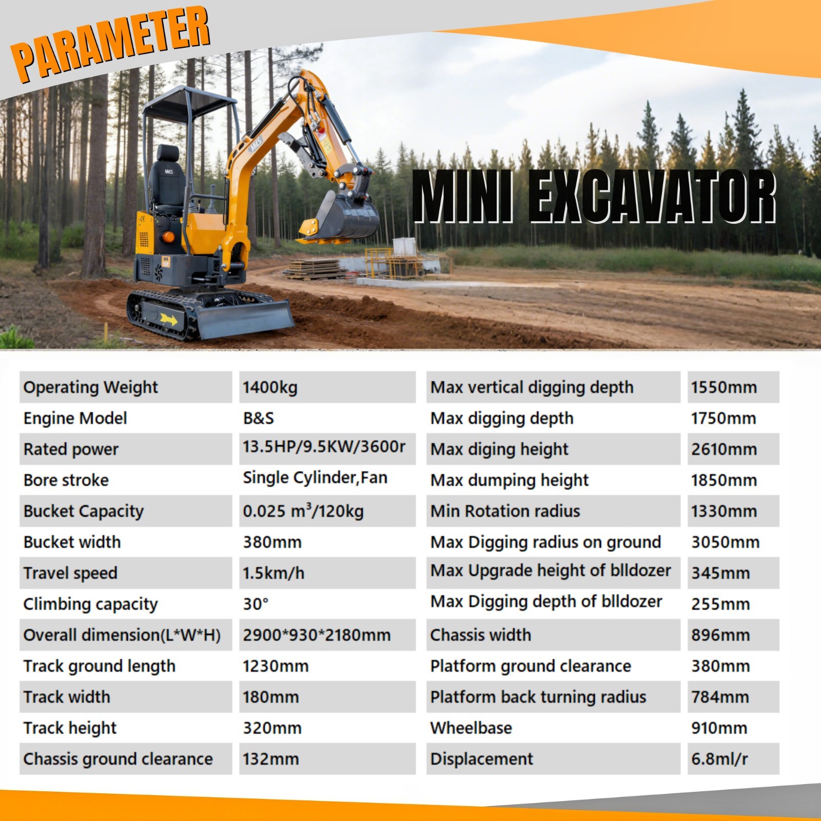 FREE SHIP 1.4Ton Mini Excavator Swing Boom 13.5hp Gas B&S EPA Engine