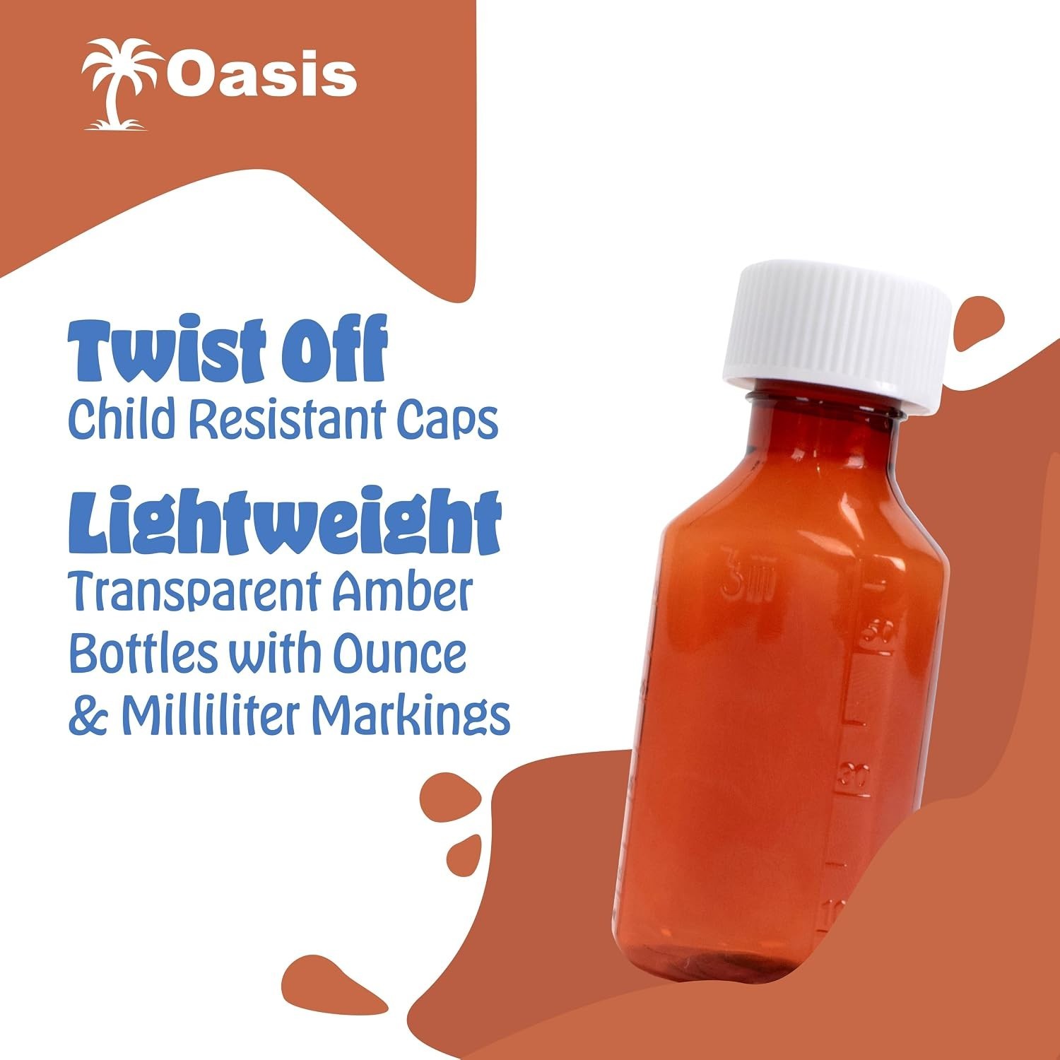 Plastic Amber Oval Liquid Medicine Bottles, Child Resistant Cap, 2oz, 25 Count