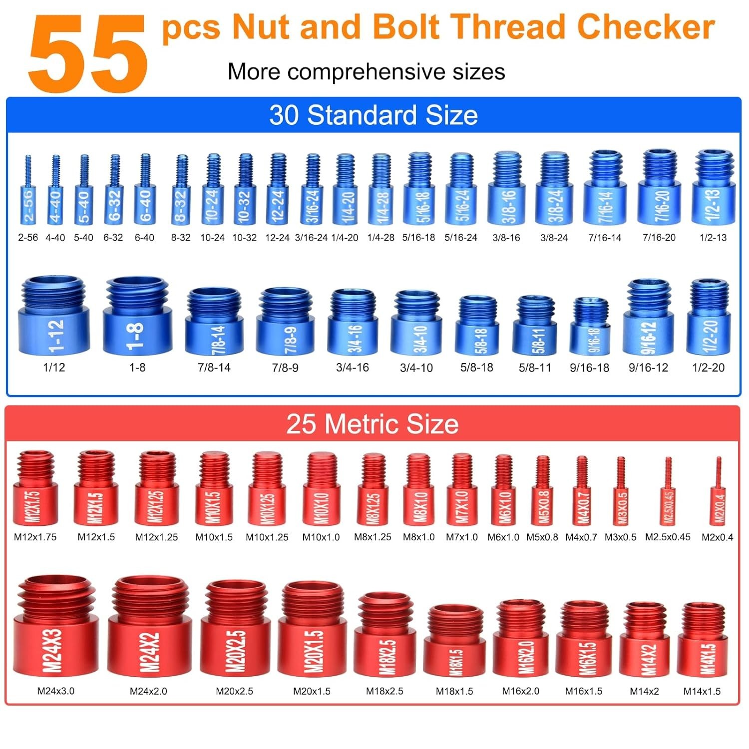 55Pcs Nut and Bolt Thread Checker 25 Metric + 30 SAE Inch Thread Gauge Set, Deta