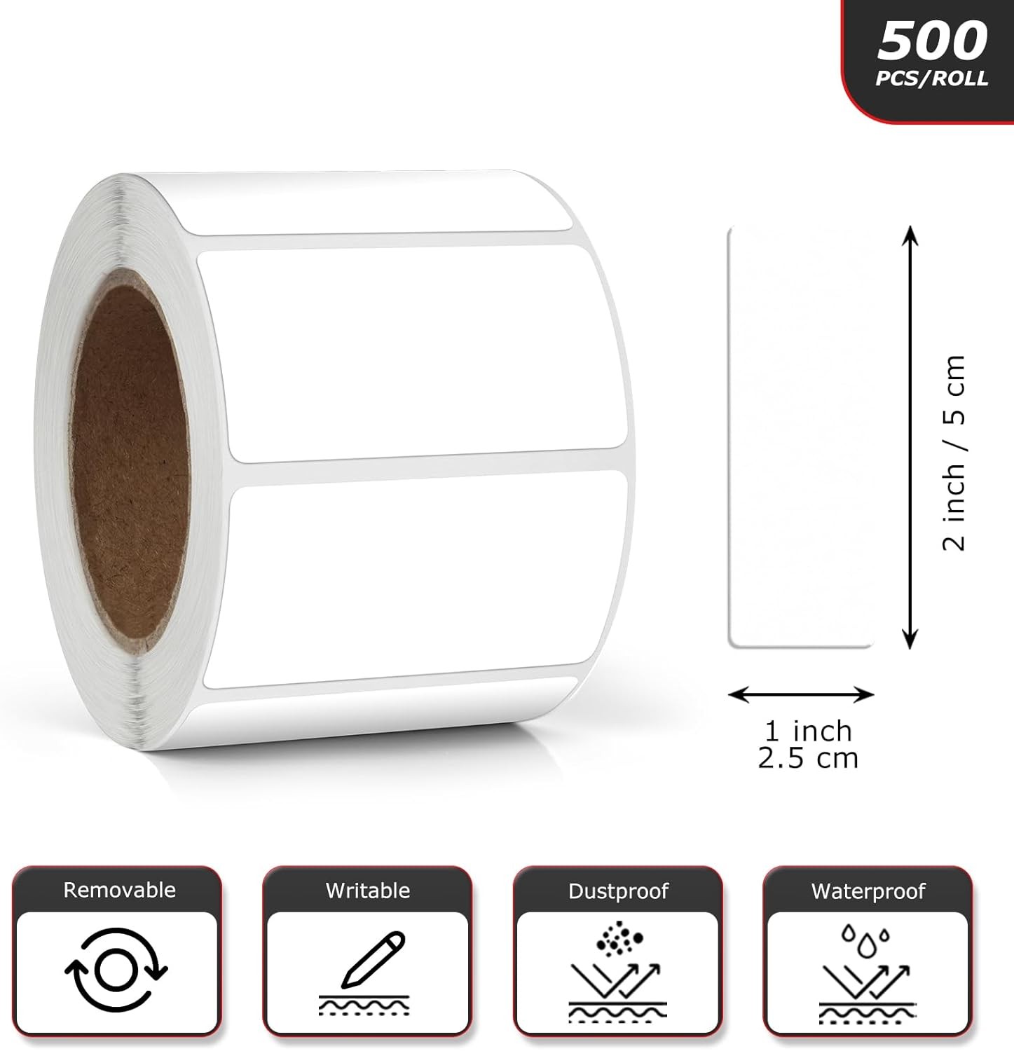 500 White Rectangle Stickers 2×1 Inch Vinyl Waterproof Removable Self-Adhesive