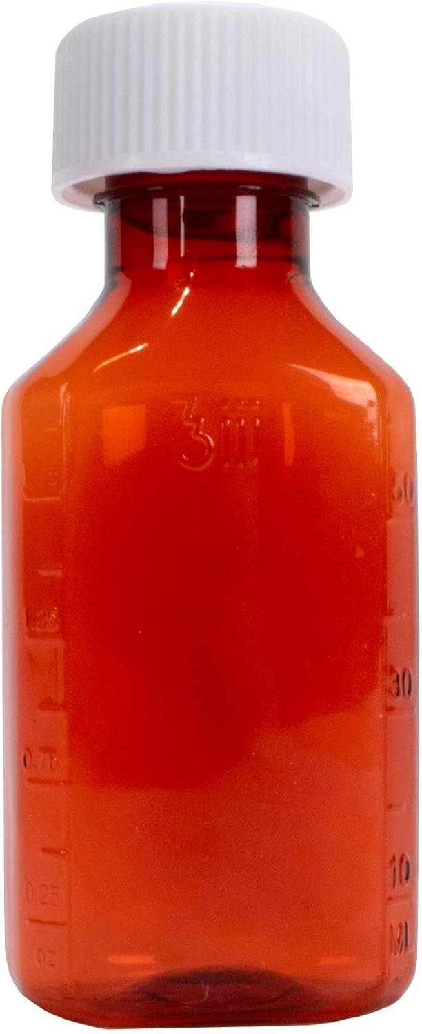 Plastic Amber Oval Liquid Medicine Bottles, Child Resistant Cap, 2oz, 25 Count