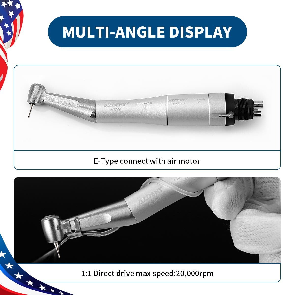 AZDENT Dental Slow Low Speed Handpiece Straight Contra Angle Air Motor 4/2Holes