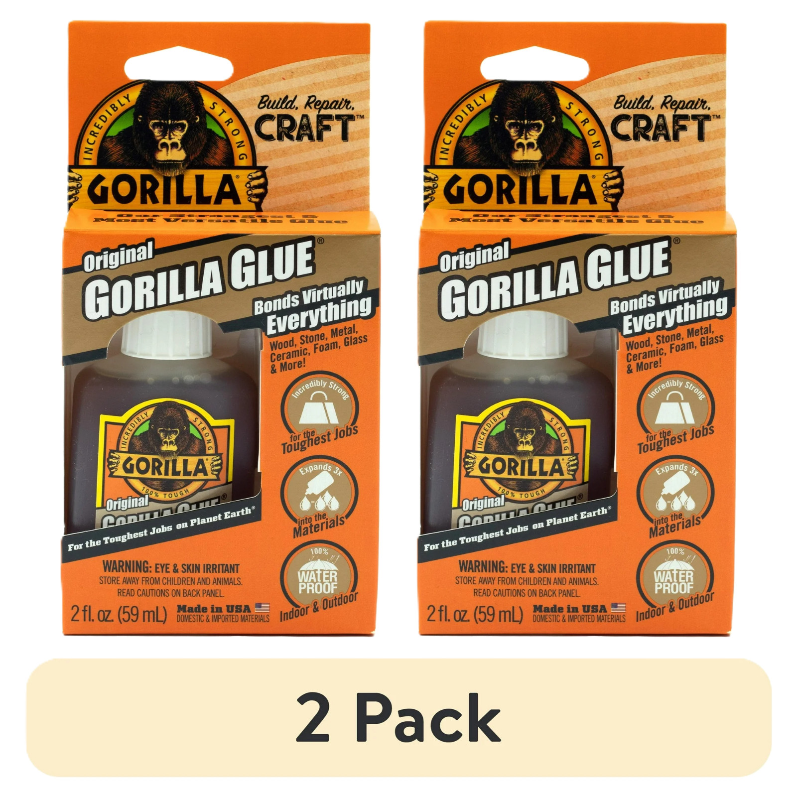 Gorilla Original Waterproof Polyurethane Glue, 2 ounce 2 – Pack, Brown