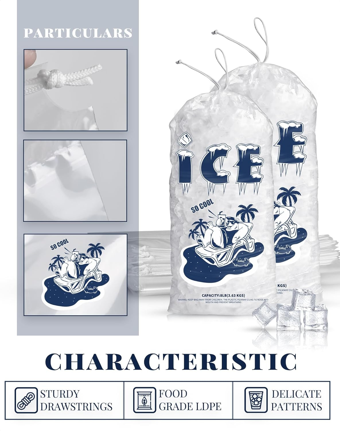 50 Pack Ice Bags 10 Lb, Heavy-Duty Ice Bags with Drawstring(2 Mils Thickness)