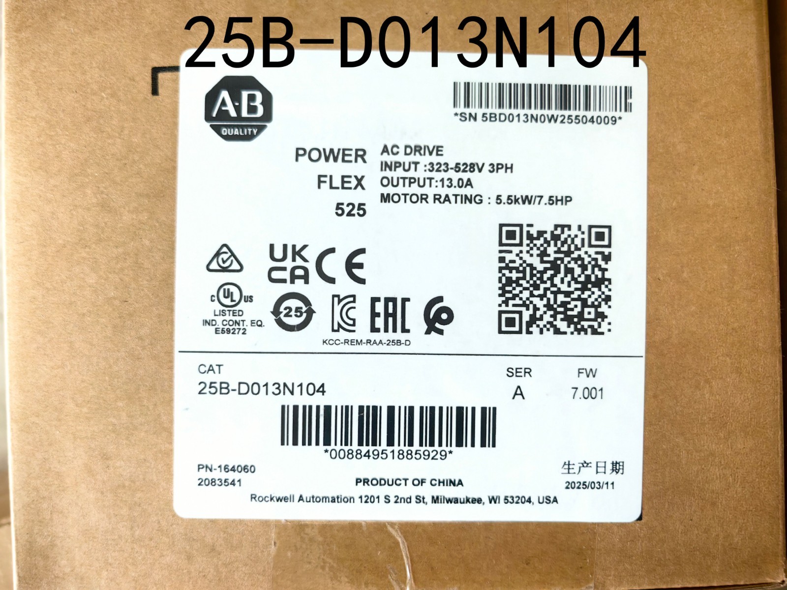 2025 New Allen-Bradley 25B-D013N104 PowerFlex 525 5.5kW 7.5Hp AC Drive