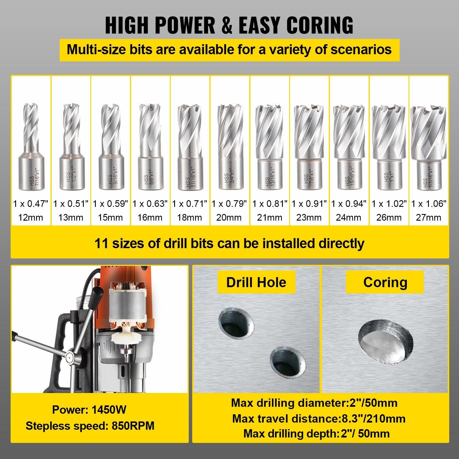 1450W Magnetic Drill Press 2900LBS 2in Bore, 8.3ft Travel, 11pc HSS Cutter Set