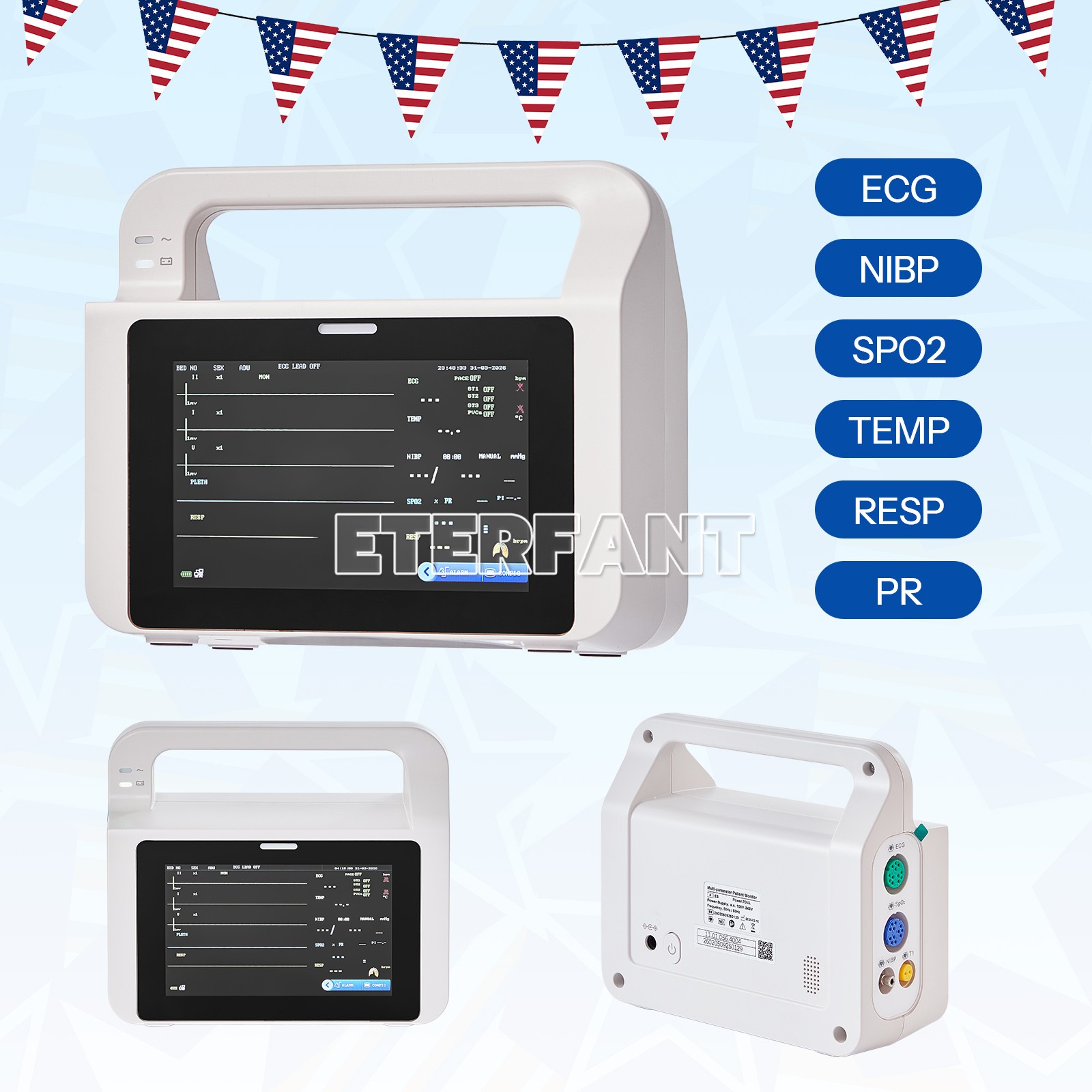 5 inch Touch Screen Multi-parameter Patient Monitor ECG RESP TEMP NIBP SPO2 PR