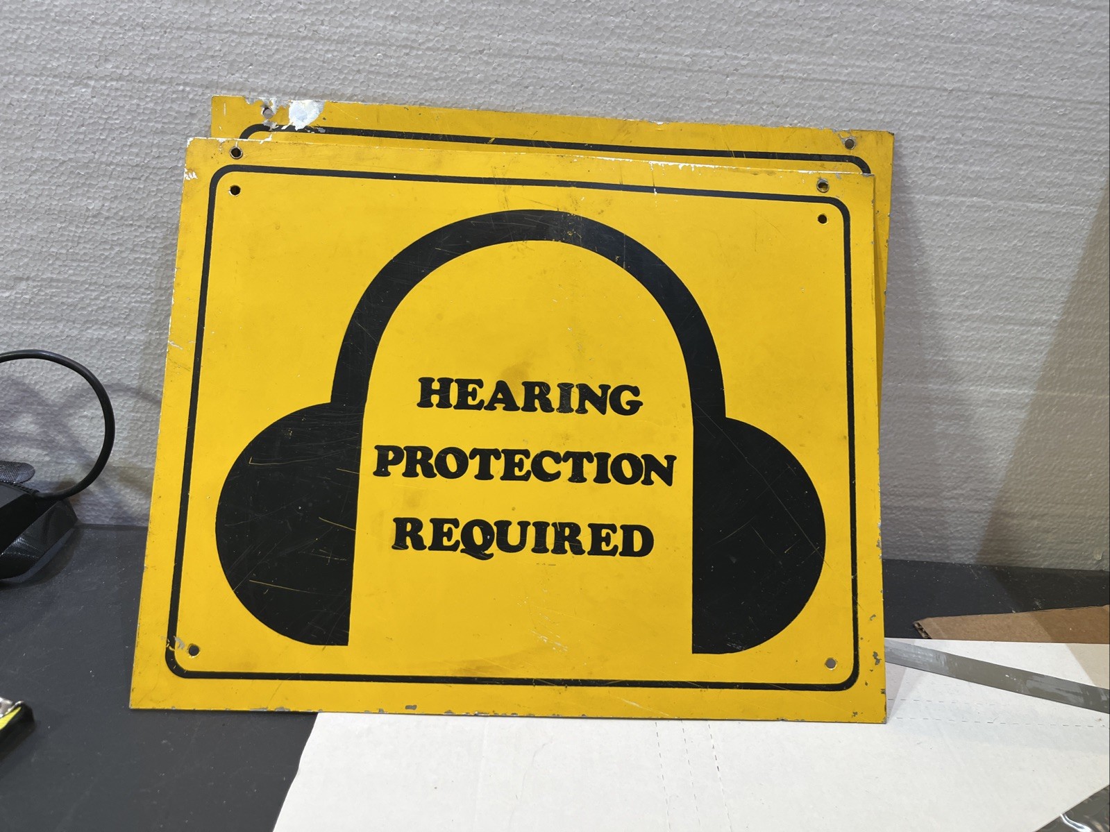Pair of Vintage Metal Hearing Protection Required Signs Industrial Safety 11×14