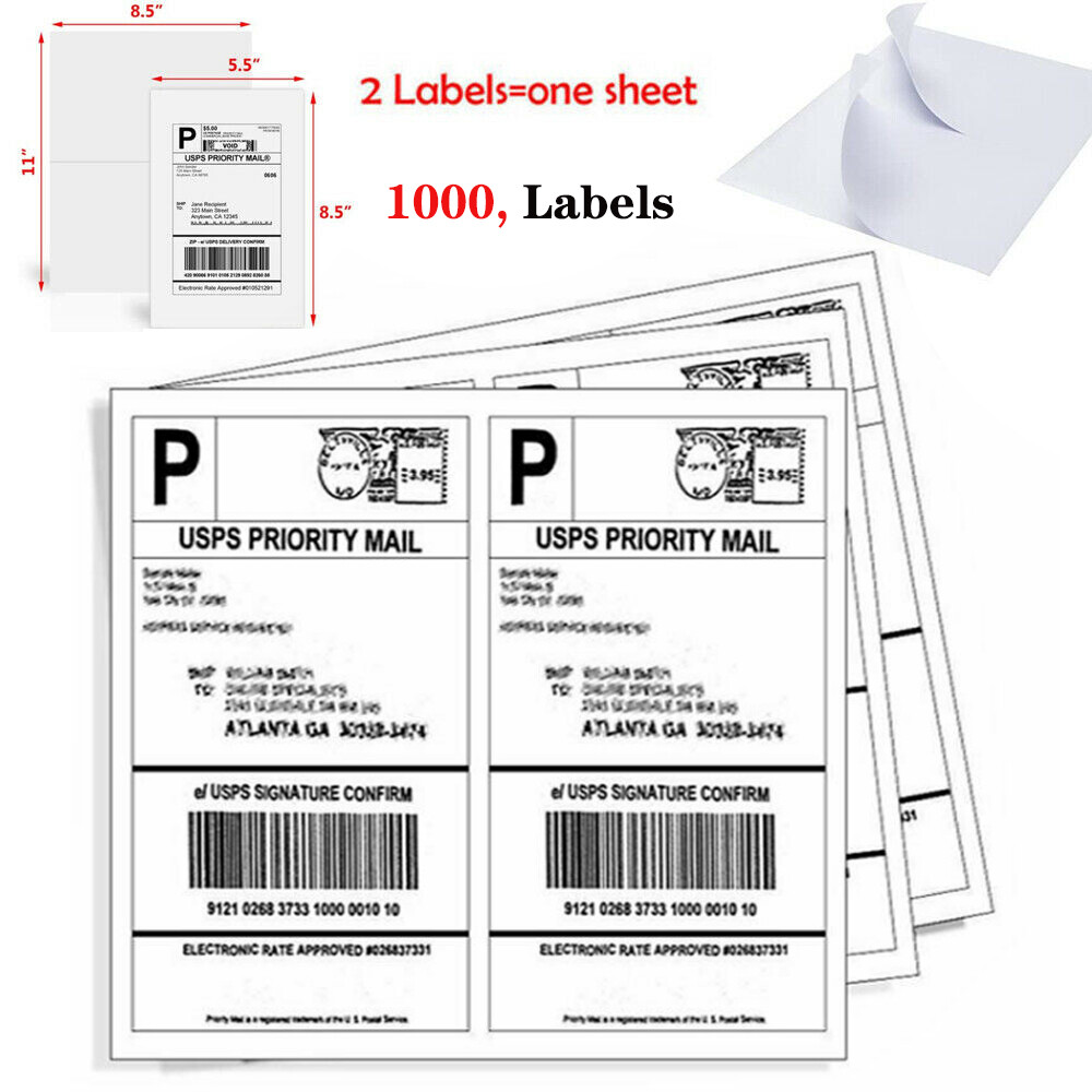 1000 Shipping Labels Half Sheets Blank 8.5″ x 5.5″ Self Adhesive 2 Per Sheet