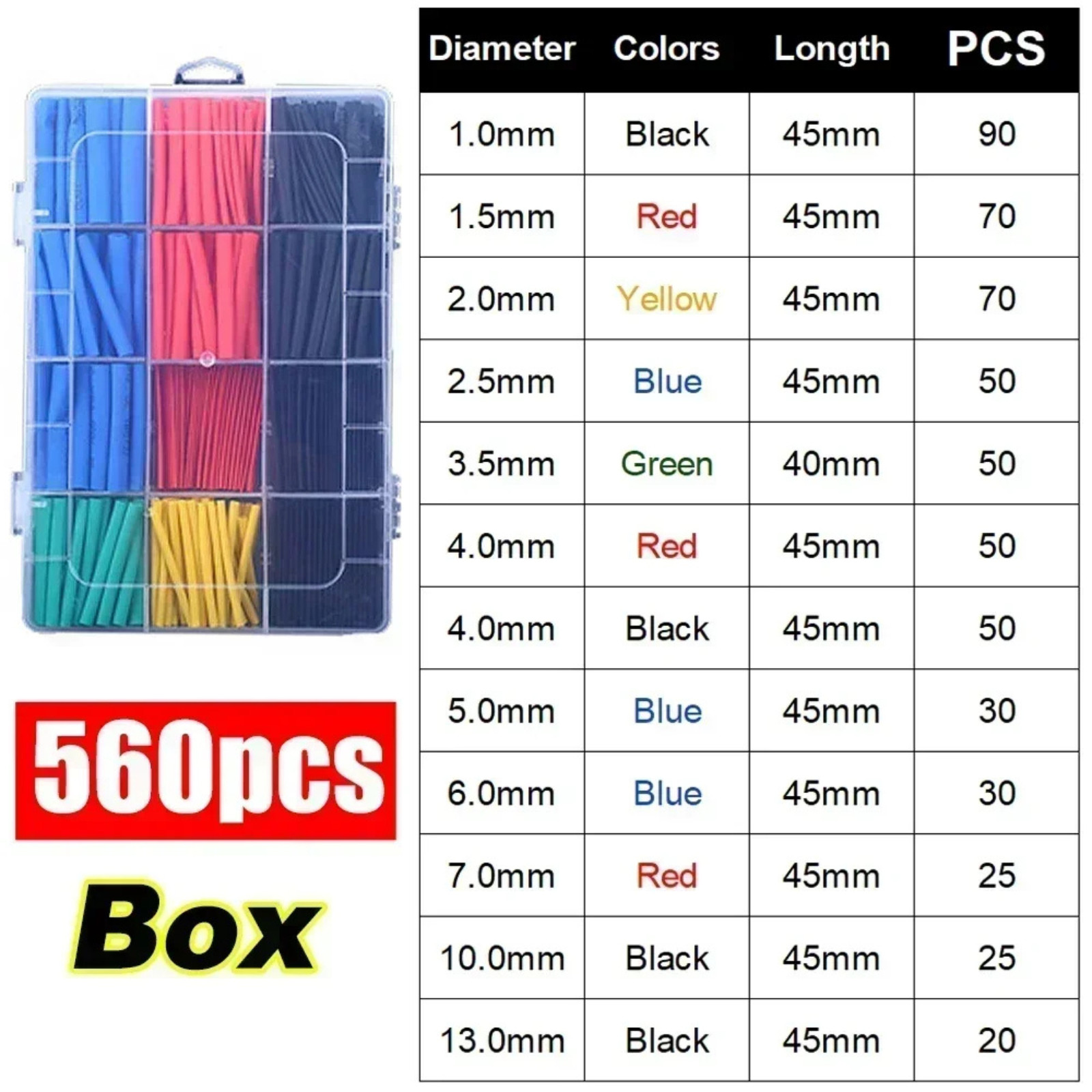 560 Pcs HEAT SHRINK Tubing Sleeve 2:1 Shrinkable Tube Wire Cable Assortment Kit